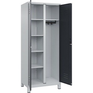 C+P Putzmittelspind Classic PLUS, 1 Abteil, Trennwand mittig, lichtgrau / grau, B 800 mm, mit Füßen, Drehriegel