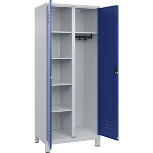 C+P Putzmittelspind Classic PLUS, 1 Abteil, Trennwand mittig, lichtgrau / enzianblau, B 800 mm, mit Füßen, Zylinderschloss