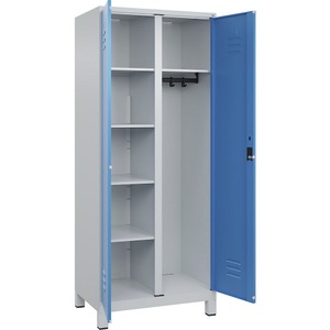 C+P Putzmittelspind Classic PLUS, 1 Abteil, Trennwand mittig, lichtgrau / lichtblau, B 800 mm, mit Füßen, Zylinderschloss