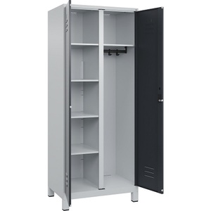 C+P Putzmittelspind Classic PLUS, 1 Abteil, Trennwand mittig, lichtgrau / grau, B 800 mm, mit Füßen, Zylinderschloss