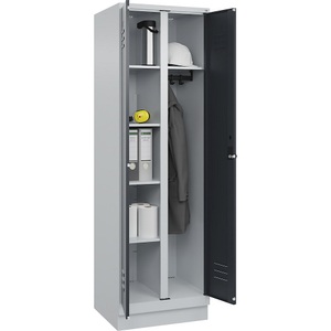 C+P Putzmittelspind Classic PLUS, 1 Abteil, Trennwand mittig, lichtgrau / grau, B 600 mm, mit Bodensockel, Drehriegel