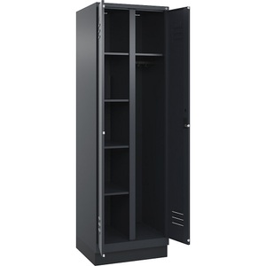 C+P Putzmittelspind Classic PLUS, 1 Abteil, Trennwand mittig, grau, B 600 mm, mit Bodensockel, Zylinderschloss