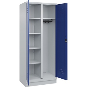 C+P Putzmittelspind Classic PLUS, 1 Abteil, Trennwand mittig, lichtgrau / enzianblau, B 800 mm, mit Bodensockel, Zylinderschloss