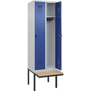 undefined, Spind Evolo PLUS Sitzbank, 2 Abteile, lichtgrau / enzianblau, B 600 mm, Sicherheits-Drehriegel, mit auskragender Sitzbank, Buche, Spind Evolo PLUS Sitzbank, 2 Abteile, lichtgrau / enzianblau, B 600 mm, Sicherheits-Drehriegel, mit auskragender Sitzbank, Buche