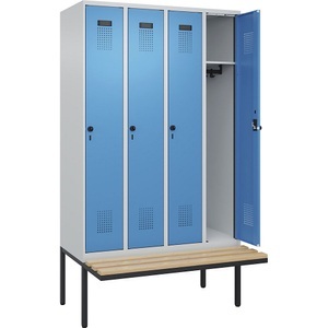 undefined, Spind Evolo PLUS Sitzbank, 4 Abteile, lichtgrau / lichtblau, B 1200 mm, Sicherheits-Drehriegel, mit auskragender Sitzbank, Buche, Spind Evolo PLUS Sitzbank, 4 Abteile, lichtgrau / lichtblau, B 1200 mm, Sicherheits-Drehriegel, mit auskragender Sitzbank, Buche
