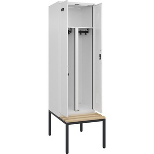undefined, Schwarz-Weiß-Spind Evolo PLUS Sitzbank, 2 Abteile, weiß, B 600 mm, Zylinderschloss, mit untergebauter Sitzbank, Buche, Schwarz-Weiß-Spind Evolo PLUS Sitzbank, 2 Abteile, weiß, B 600 mm, Zylinderschloss, mit untergebauter Sitzbank, Buche