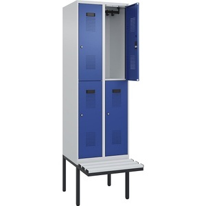 undefined, Doppelstock-Spind Evolo PLUS Sitzbank, 2 Abteile, lichtgrau / enzianblau, B 600 mm, Zylinderschloss, mit auskragender Sitzbank, Kunststoff, Doppelstock-Spind Evolo PLUS Sitzbank, 2 Abteile, lichtgrau / enzianblau, B 600 mm, Zylinderschloss, mit auskragender Sitzbank, Kunststoff