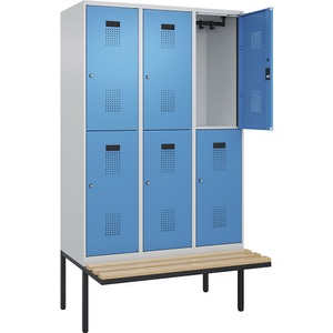 undefined, Doppelstock-Spind Evolo PLUS Sitzbank, 3 Abteile, lichtgrau / lichtblau, B 1200 mm, Zylinderschloss, mit auskragender Sitzbank, Buche, Doppelstock-Spind Evolo PLUS Sitzbank, 3 Abteile, lichtgrau / lichtblau, B 1200 mm, Zylinderschloss, mit auskragender Sitzbank, Buche