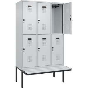 undefined, Doppelstock-Spind Evolo PLUS Sitzbank, 3 Abteile, lichtgrau / lichtgrau, B 1200 mm, Sicherheits-Drehriegel, mit auskragender Sitzbank, Kunststoff, Doppelstock-Spind Evolo PLUS Sitzbank, 3 Abteile, lichtgrau / lichtgrau, B 1200 mm, Sicherheits-Drehriegel, mit auskragender Sitzbank, Kunststoff