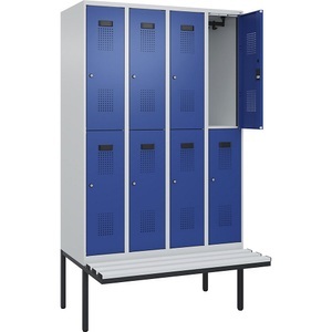 undefined, Doppelstock-Spind Evolo PLUS Sitzbank, 4 Abteile, lichtgrau / enzianblau, B 1200 mm, Zylinderschloss, mit auskragender Sitzbank, Kunststoff, Doppelstock-Spind Evolo PLUS Sitzbank, 4 Abteile, lichtgrau / enzianblau, B 1200 mm, Zylinderschloss, mit auskragender Sitzbank, Kunststoff