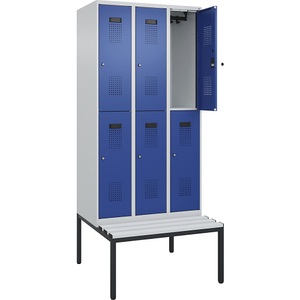 undefined, Doppelstock-Spind Evolo PLUS Sitzbank, 3 Abteile, lichtgrau / enzianblau, B 900 mm, Zylinderschloss, mit untergebauter Sitzbank, Kunststoff, Doppelstock-Spind Evolo PLUS Sitzbank, 3 Abteile, lichtgrau / enzianblau, B 900 mm, Zylinderschloss, mit untergebauter Sitzbank, Kunststoff