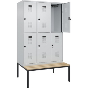 undefined, Doppelstock-Spind Evolo PLUS Sitzbank, 3 Abteile, lichtgrau / lichtgrau, B 1200 mm, Sicherheits-Drehriegel, mit untergebauter Sitzbank, Buche, Doppelstock-Spind Evolo PLUS Sitzbank, 3 Abteile, lichtgrau / lichtgrau, B 1200 mm, Sicherheits-Drehriegel, mit untergebauter Sitzbank, Buche