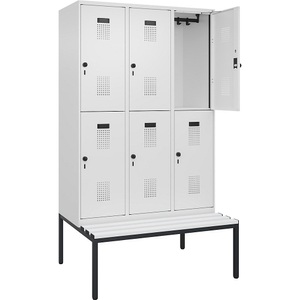 undefined, Doppelstock-Spind Evolo PLUS Sitzbank, 3 Abteile, weiß, B 1200 mm, Sicherheits-Drehriegel, mit untergebauter Sitzbank, Kunststoff, Doppelstock-Spind Evolo PLUS Sitzbank, 3 Abteile, weiß, B 1200 mm, Sicherheits-Drehriegel, mit untergebauter Sitzbank, Kunststoff