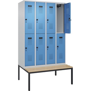 undefined, Doppelstock-Spind Evolo PLUS Sitzbank, 4 Abteile, lichtgrau / lichtblau, B 1200 mm, Sicherheits-Drehriegel, mit untergebauter Sitzbank, Buche, Doppelstock-Spind Evolo PLUS Sitzbank, 4 Abteile, lichtgrau / lichtblau, B 1200 mm, Sicherheits-Drehriegel, mit untergebauter Sitzbank, Buche