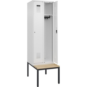 undefined, Spind Evolo PLUS Sitzbank, 2 Abteile, weiß, B 600 mm, Zylinderschloss, mit untergebauter Sitzbank, Buche, Spind Evolo PLUS Sitzbank, 2 Abteile, weiß, B 600 mm, Zylinderschloss, mit untergebauter Sitzbank, Buche