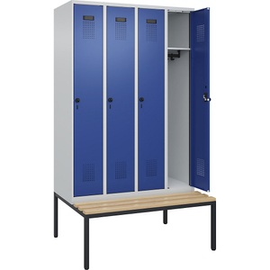 undefined, Spind Evolo PLUS Sitzbank, 4 Abteile, lichtgrau / enzianblau, B 1200 mm, Sicherheits-Drehriegel, mit untergebauter Sitzbank, Buche, Spind Evolo PLUS Sitzbank, 4 Abteile, lichtgrau / enzianblau, B 1200 mm, Sicherheits-Drehriegel, mit untergebauter Sitzbank, Buche