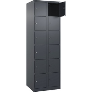 undefined, 6er-Schließfachschrank Evolo PLUS, 2 Abteile, grau, B 600 mm, 12 Fächer, mit Bodengleitern, Zylinderschloss, 6er-Schließfachschrank Evolo PLUS, 2 Abteile, grau, B 600 mm, 12 Fächer, mit Bodengleitern, Zylinderschloss
