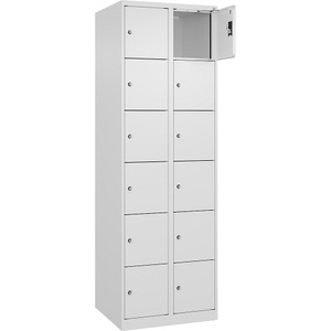 undefined, 6er-Schließfachschrank Evolo PLUS, 2 Abteile, weiß, B 600 mm, 12 Fächer, mit Bodengleitern, Zylinderschloss, 6er-Schließfachschrank Evolo PLUS, 2 Abteile, weiß, B 600 mm, 12 Fächer, mit Bodengleitern, Zylinderschloss