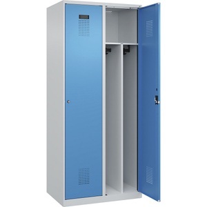 undefined, Spind Evolo PLUS Trennwand mittig, 2 Abteile, lichtgrau / lichtblau, B 800 mm, mit Bodengleitern, Zylinderschloss, Spind Evolo PLUS Trennwand mittig, 2 Abteile, lichtgrau / lichtblau, B 800 mm, mit Bodengleitern, Zylinderschloss