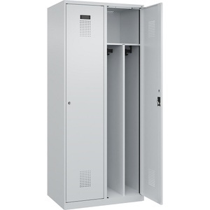 undefined, Spind Evolo PLUS Trennwand mittig, 2 Abteile, lichtgrau, B 800 mm, mit Bodengleitern, Zylinderschloss, Spind Evolo PLUS Trennwand mittig, 2 Abteile, lichtgrau, B 800 mm, mit Bodengleitern, Zylinderschloss