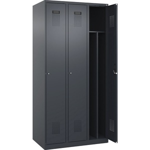 undefined, Spind Evolo PLUS Trennwand mittig, 3 Abteile, grau, B 900 mm, mit Bodengleitern, Zylinderschloss, Spind Evolo PLUS Trennwand mittig, 3 Abteile, grau, B 900 mm, mit Bodengleitern, Zylinderschloss