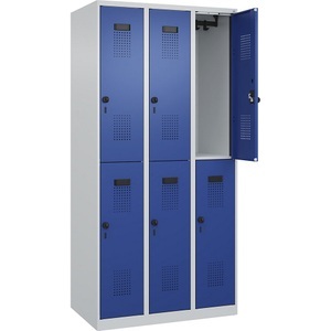 CP, C+P Doppelstock-Spind Evolo PLUS, 3 Abteile, lichtgrau / enzianblau, B 900 mm, mit Bodengleitern, Drehriegel, C+P Doppelstock-Spind Evolo PLUS, 3 Abteile, lichtgrau / enzianblau, B 900 mm, mit Bodengleitern, Drehriegel