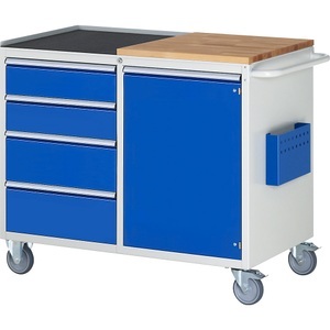 RAU, RAU Werkbank, fahrbar 4 Schubladen, 1 Tür, Arbeitsfläche Holz / Metall lichtgrau / enzianblau, RAU Kompaktwerkbänke, fahrbar, 4 Schubladen, 1 Tür, Arbeitsfläche Holz / Metall, lichtgrau / enzianblau