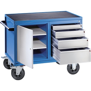 EUROKRAFT, EUROKRAFT Montagewagen, Tragfähigkeit 500 kg 1 Schrank, 4 Schubladen weißaluminium RAL 9006 / lichtblau RAL 5012, eurokraft pro Montagewagen, Tragfähigkeit 500 kg, 1 Schrank, 4 Schubladen, weißaluminium RAL 9006 / lichtblau RAL 5012