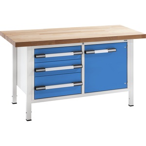 EUROKRAFT, EUROKRAFT Werkbank, höhenverstellbar Breite 1500 mm, 3 Schubladen, 1 Tür grau / blau, eurokraft pro Höhenverstellbare Werkbank, Gestellbauweise, Breite 1500 mm, 3 Schubladen, 1 Tür, grau / blau