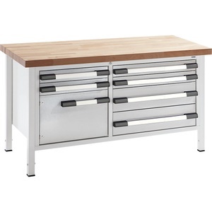 EUROKRAFT, EUROKRAFT Werkbank, höhenverstellbar Breite 1500 mm, 6 Schubladen, 1 Tür grau, eurokraft pro Höhenverstellbare Werkbank, Gestellbauweise, Breite 1500 mm, 6 Schubladen, 1 Tür, grau