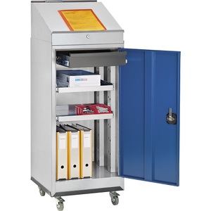 QUIPO, QUIPO Stehpult-Kombiset bestehend aus Werkzeugschrank, Schreibpult und Rolluntersatz Tür enzianblau, eurokraft pro Fahrbares Stehpult, bestehend aus Werkzeugschrank, Schreibpult und Rolluntersatz, Tür enzianblau