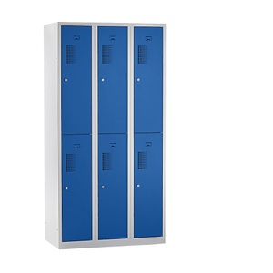 QUIPO, QUIPO Spind, 6 Abteile, Breite 900 mm HxT 1800 x 500 mm Türfarbe Enzianblau, Korpus lichtgrau, eurokraft basic Garderobenspind Amsterdam, doppelstöckig, 3 Abteile, Breite 900 mm, 6 Fächer, lichtgrau / enzianblau