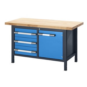 EUROKRAFT, EUROKRAFT Werkbank, höhenverstellbar, mit Buchemassivplatte 3 Schubladen, 1 Flügeltür Breite 1500 mm, anthrazit / blau, eurokraft pro Höhenverstellbare Werkbank, Gestellbauweise, 3 Schubladen, 1 Flügeltür, Breite 1500 mm, anthrazit / blau
