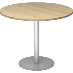 undefined, Besprechungstisch, Ø 1000 mm 755 mm hoch, Gestell silber Platte Eiche-Dekor, Hammerbacher Säulentisch Eiche, Silber Melaminharzbeschichtete Spanplatte STF10 1.000 x 745 mm