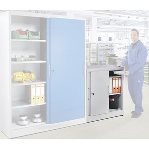 EUROKRAFT, EUROKRAFT Schiebetürschrank mit 2 Fachböden, HxB 1000 x 1000 mm Tiefe 420 mm, Türen resedagrün RAL 6011, eurokraft pro Schiebetürschrank Höhe 1000 mm, mit 2 Fachböden, Tiefe 420 mm, Türen resedagrün RAL 6011