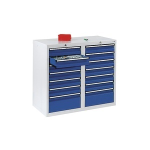 undefined, Schubladenschrank HxBxT 900 x 1000 x 500 mm, 12 Schubladen 100 mm hoch, 2 Schubladen 200 mm hoch Korpus grau, Schubladen enzianblau, stumpf® Schubladenschrank, Schubladen 12x100 + 2x200 mm, HxBxT 900 x 1.000 x 500 mm, lichtgrau/enzianblau
