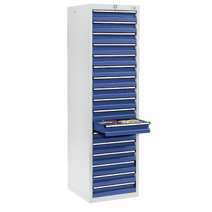 undefined, Schubladenschrank HxBxT 1800 x 500 x 500 mm, 17 Schubladen 100 mm hoch Korpus grau, Schubladen enzianblau, stumpf® Schubladenschrank, Schubladen 17x100 mm, HxBxT 1.800 x 500 x 500 mm, lichtgrau/enzianblau
