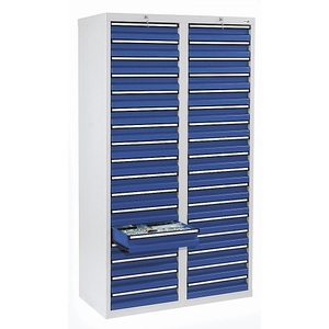 undefined, Schubladenschrank HxBxT 1800 x 1000 x 500 mm, 34 Schubladen 100 mm hoch Korpus grau, Schubladen enzianblau, stumpf® Schubladenschrank, Schubladen 34x100 mm, HxBxT 1.800 x 1.000 x 500 mm, lichtgrau/enzianblau