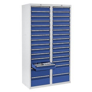 undefined, Schubladenschrank HxBxT 1800 x 1000 x 500 mm, 26 Schubladen 100 mm, 4 Schubladen 200 mm hoch Korpus grau, Schubladen enzianblau, stumpf® Schubladenschrank, Schubladen 26x100 + 4x200 mm, HxBxT 1.800 x 1.000 x 500 mm, lichtgrau/enzianblau