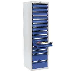 undefined, Schubladenschrank HxBxT 1800 x 500 x 500 mm, 13 Schubladen 100 mm, 2 Schubladen 200 mm hoch Korpus grau, Schubladen enzianblau, stumpf® Schubladenschrank, Schubladen 13x100 + 2x200 mm, HxBxT 1.800 x 500 x 500 mm, lichtgrau/enzianblau