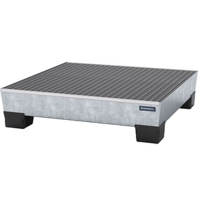 EUROKRAFT, EUROKRAFT Stahl-Auffangwanne mit PP-Füßen LxBxH 1240 x 1210 x 295 mm feuerverzinkt, mit Gitterrost, eurokraft pro Stahl-Auffangwanne mit Kunststoff-Füßen, LxBxH 1240 x 1210 x 295 mm, feuerverzinkt, mit Gitterrost