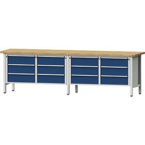 ANKE, ANKE Schubladenschrank BxT 1060 x 675 mm, Schubladentraglast 200 kg 4 Schubladen, Höhe 980 mm, Front lichtgrau, ANKE Werkbank Breite 2800 mm, Gestellbauweise, 12 Schubladen, 180 mm mit Teilauszug, Buchemassivplatte