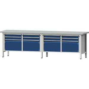 ANKE, ANKE Schubladenschrank BxT 760 x 675 mm, Schubladentraglast 200 kg 7 Schubladen, Höhe 980 mm, Front lichtgrau, ANKE Werkbank Breite 2800 mm, Gestellbauweise, 4 Türen, 8 Schubladen, Stahlblechbelagplatte