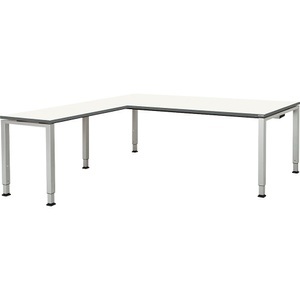 mauser, mauser Schreibtisch, verkettet, Fußform Quadrat-/Rechteckrohr HxBxT 650 - 850 x 2000 x 900 mm, Winkelansatz links (Breite 1000 mm) Platte weiß, Gestell, mauser Schreibtisch, verkettet, Fußform Quadrat-/Rechteckrohr, HxBxT 650 - 850 x 2000 x 900 mm, Winkelansatz links (Breite 1000 mm), Platte weiß, Gestell alufarben
