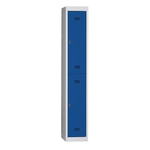 Wolf, Wolf Stahlspind, zerlegt 2 Abteile, Höhe 840 mm, Breite 300 mm, 1 Kleiderstange Grundelement, lichtgrau / enzianblau, Wolf Doppelstock-Spind Hamburg, 1 Abteil, Breite 300 mm, Grundelement, lichtgrau / enzianblau