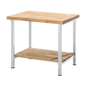 EUROKRAFT, EUROKRAFT Werkbank, höhenverstellbar, mit Buchemassivplatte 1 Ablageboden Breite 750 mm, Gestell lichtgrau, eurokraft pro Höhenverstellbare Werkbank, Gestellbauweise, 1 Ablageboden, Breite 750 mm, Gestell lichtgrau