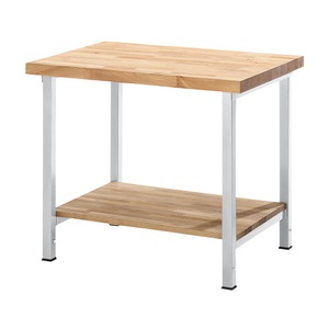 EUROKRAFT, EUROKRAFT Werkbank, höhenverstellbar, mit Buchemassivplatte 1 Ablageboden Breite 1250 mm, Gestell lichtgrau, eurokraft pro Höhenverstellbare Werkbank, Gestellbauweise, 1 Ablageboden, Breite 1250 mm, Gestell lichtgrau