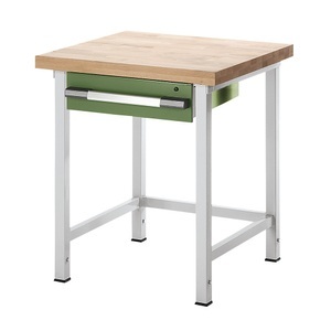 EUROKRAFT, EUROKRAFT Werkbank, höhenverstellbar, mit Buchemassivplatte 1 Schublade Breite 750 mm, lichtgrau / grün, eurokraft pro Höhenverstellbare Werkbank, Gestellbauweise, 1 Schublade, Breite 750 mm, lichtgrau / grün