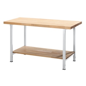 EUROKRAFT, EUROKRAFT Werkbank, höhenverstellbar, mit Buchemassivplatte 1 Ablageboden Breite 1500 mm, Gestell lichtgrau, eurokraft pro Höhenverstellbare Werkbank, Gestellbauweise, 1 Ablageboden, Breite 1500 mm, Gestell lichtgrau