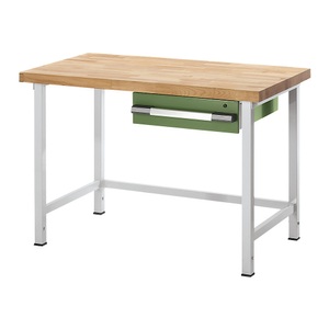 EUROKRAFT, EUROKRAFT Werkbank, höhenverstellbar, mit Buchemassivplatte 1 Schublade Breite 1250 mm, lichtgrau / grün, eurokraft pro Höhenverstellbare Werkbank, Gestellbauweise, 1 Schublade, Breite 1250 mm, lichtgrau / grün
